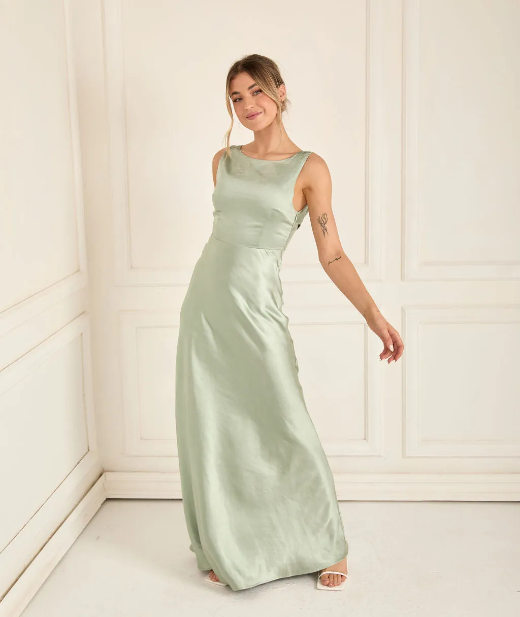 Cowl Back Satin Bridesmaid Dress - Sage