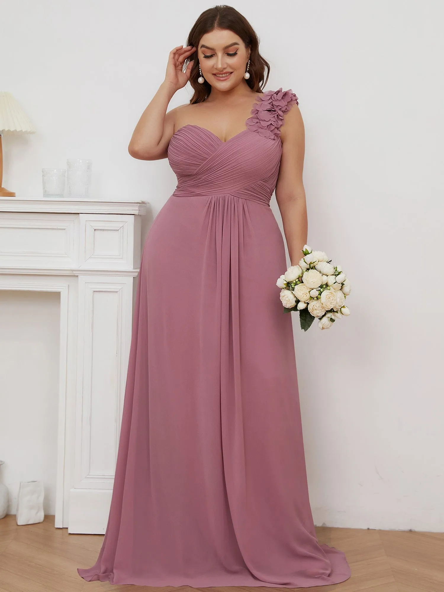 Custom Size Chiffon Sweetheart Pleated One Shoulder Bridesmaid Dress