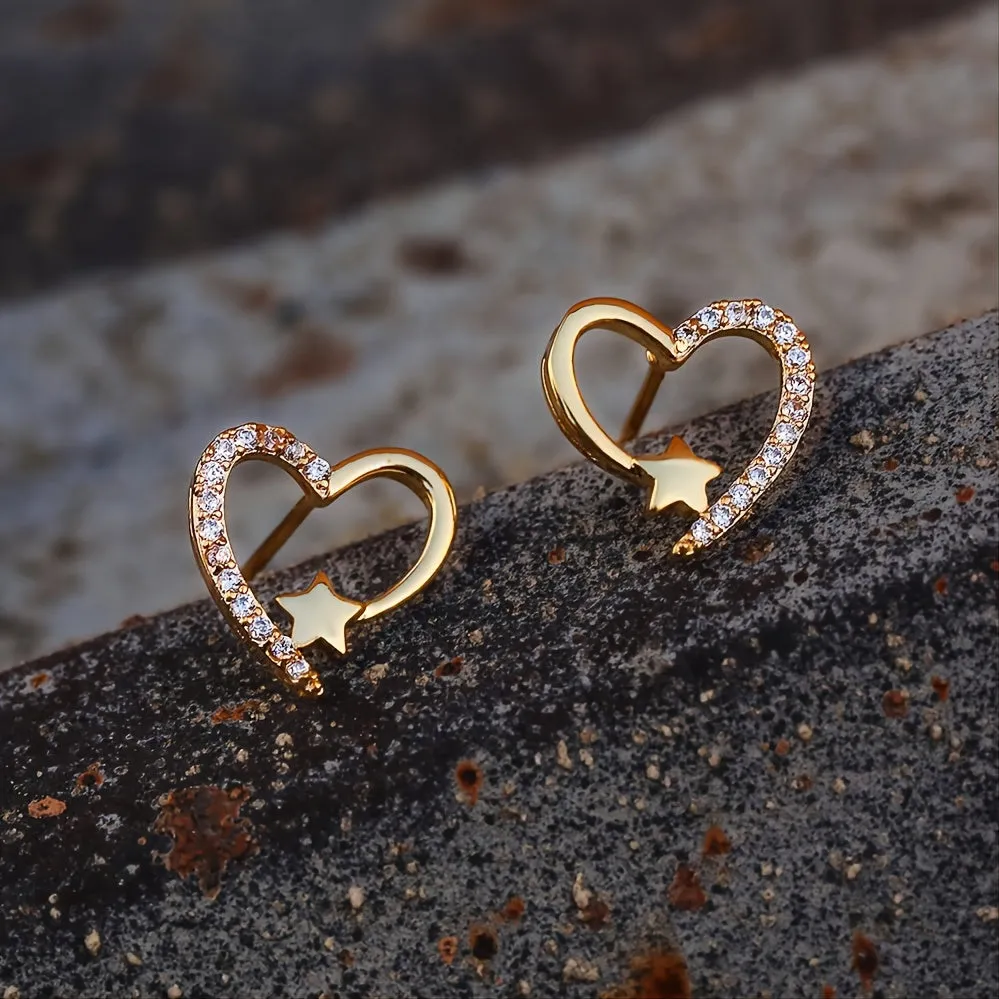 Cute Hollow Heart Stud Earrings Inlaid Zircon For Women Wedding Jewelry Valentine's Day Decor Gift 1Pair