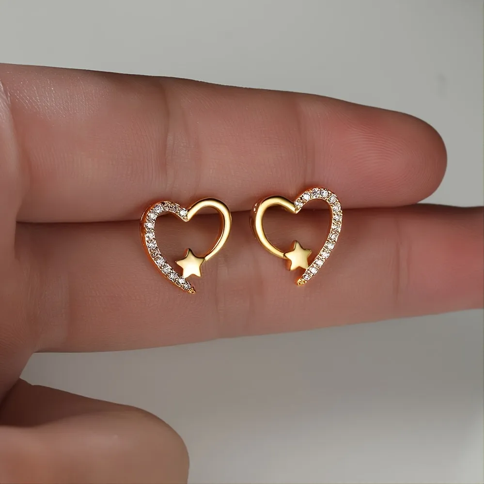 Cute Hollow Heart Stud Earrings Inlaid Zircon For Women Wedding Jewelry Valentine's Day Decor Gift 1Pair