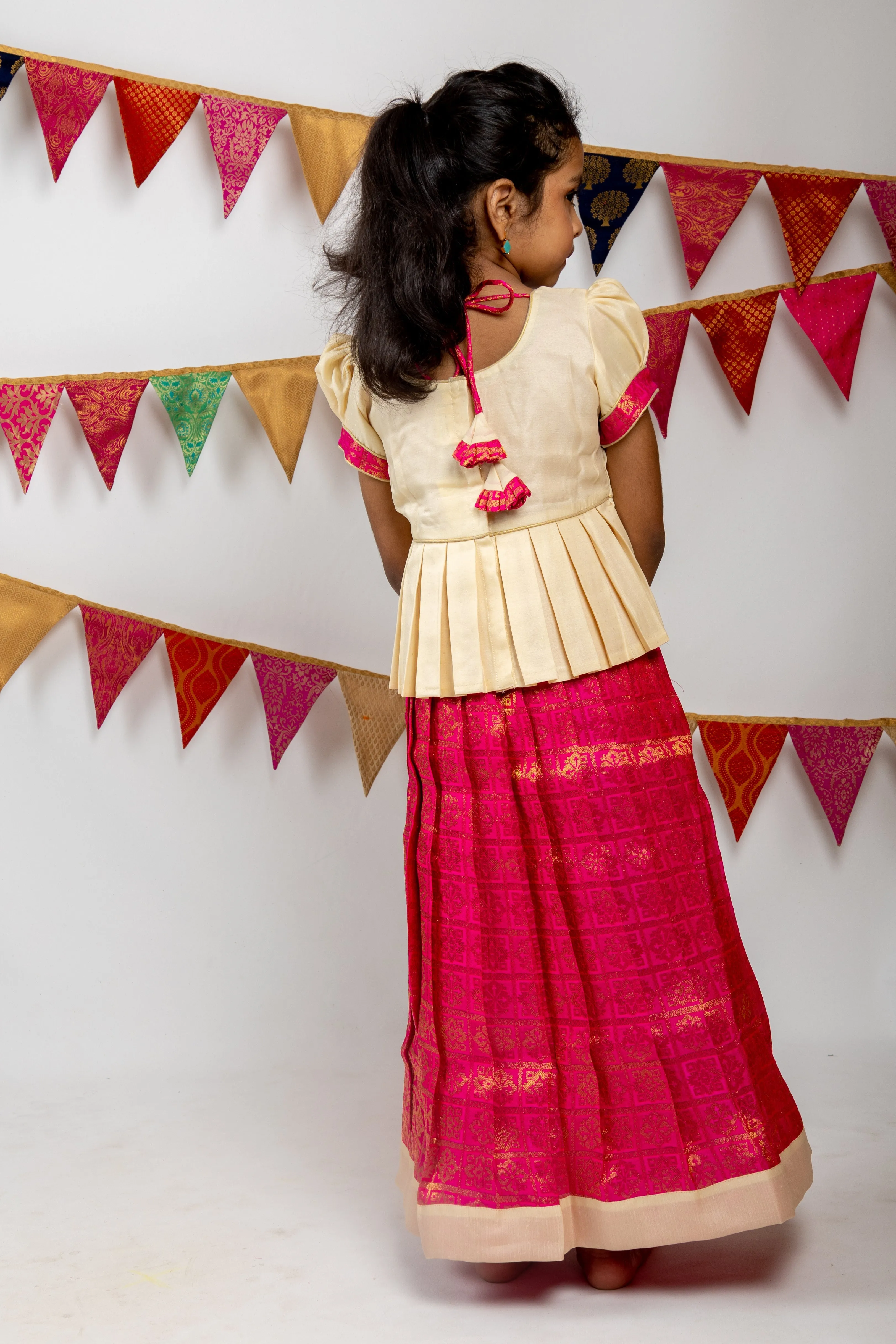 Deep Magenta Pink Semi Kanchi Jacquard Silk Pattu Pavada With Contrasting Peplum Blouse