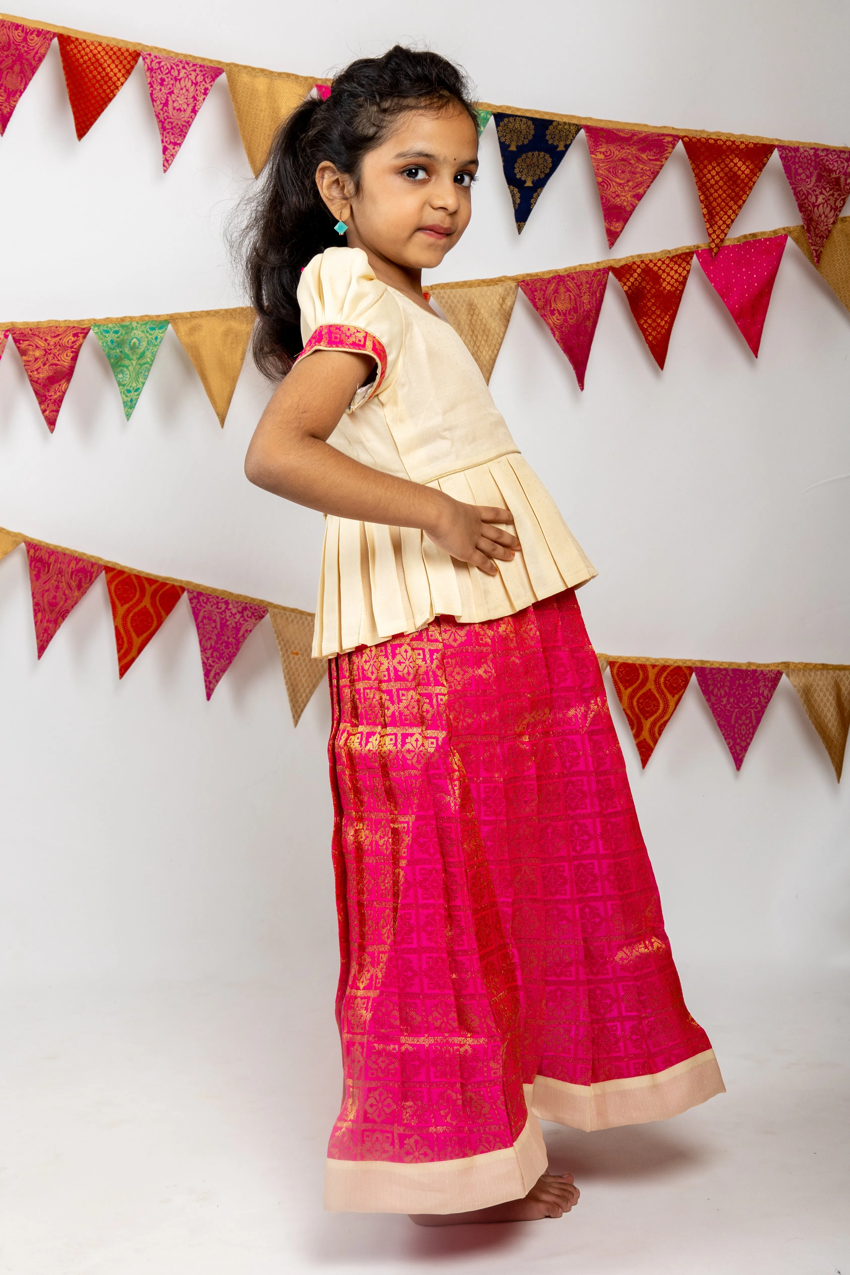 Deep Magenta Pink Semi Kanchi Jacquard Silk Pattu Pavada With Contrasting Peplum Blouse