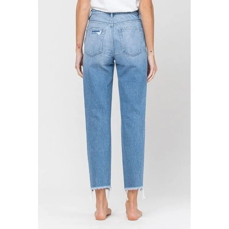 DISTRESSED RAW HEM MOM JEANS