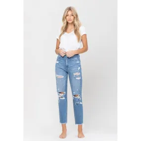 DISTRESSED RAW HEM MOM JEANS