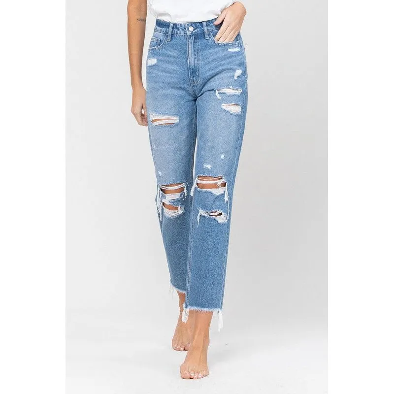 DISTRESSED RAW HEM MOM JEANS