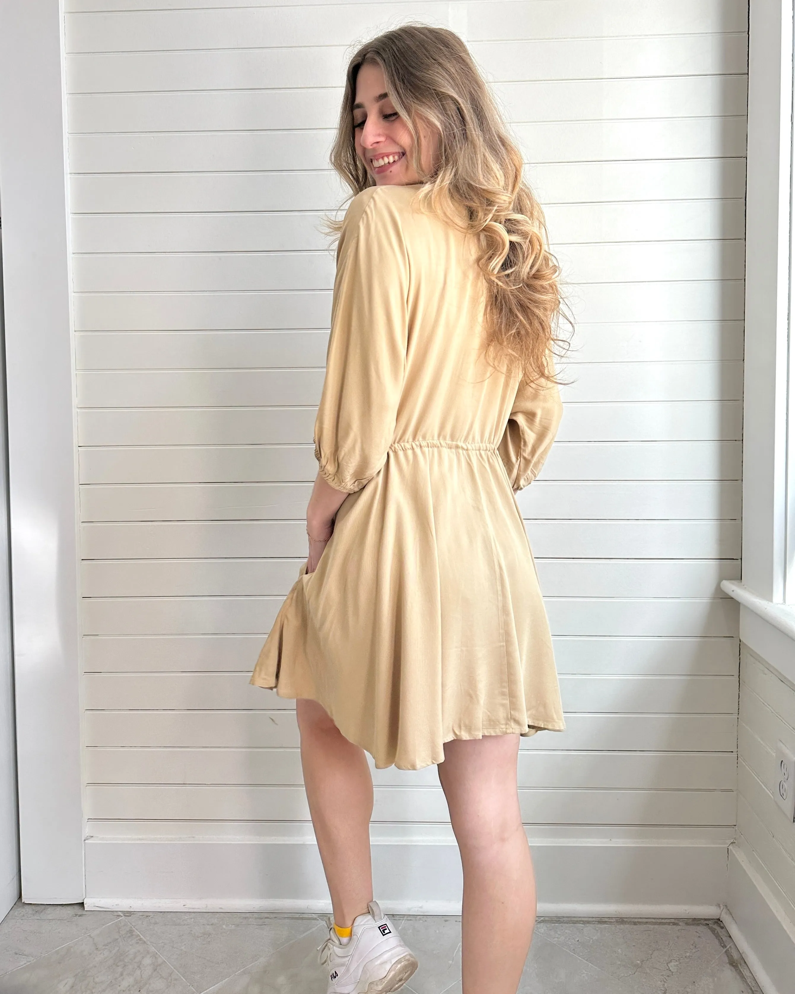 Drawstring Solid Flare Midi Dress