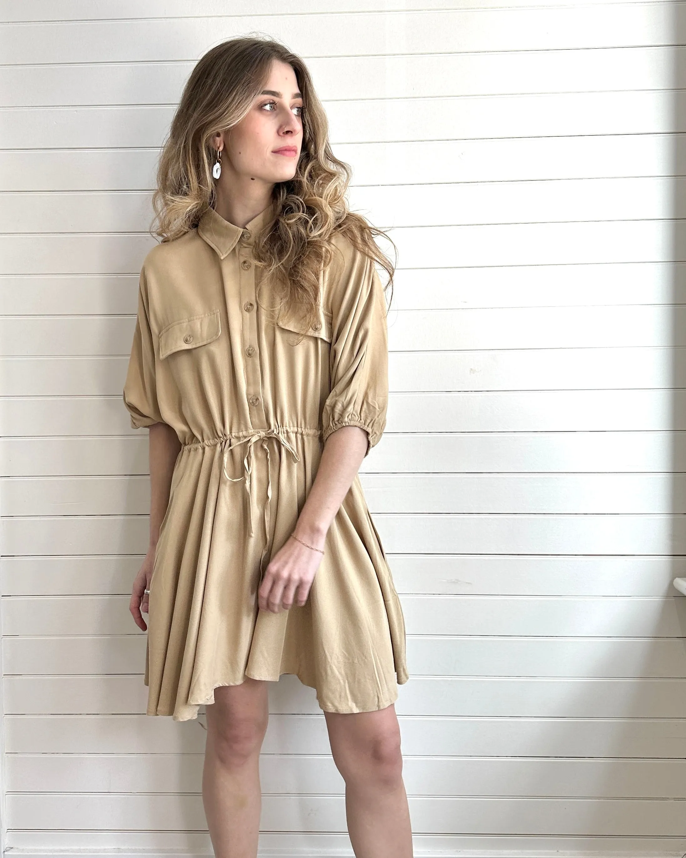 Drawstring Solid Flare Midi Dress