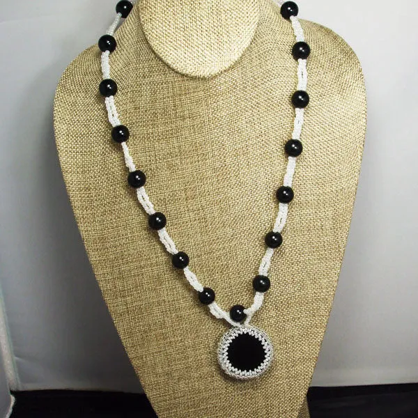 Earlene Beaded Black Agate Cabochon pendant Necklace