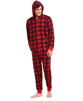 Family PJs Men's Buffalo-Check Hooded Cozy Fleece Pajamas, Red/Black, M