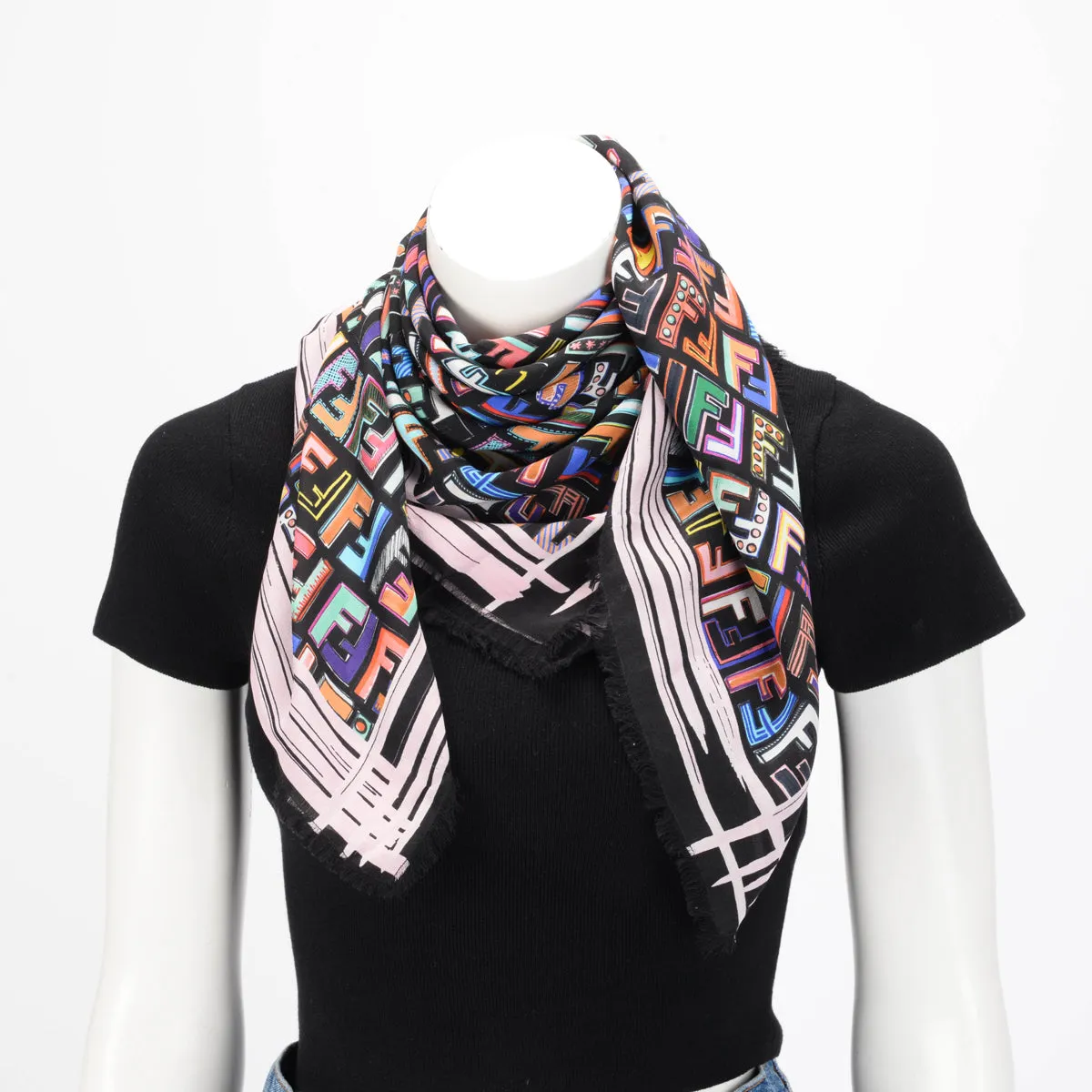 Fendi Black Silk Multicolour FF Fringed Scarf 90