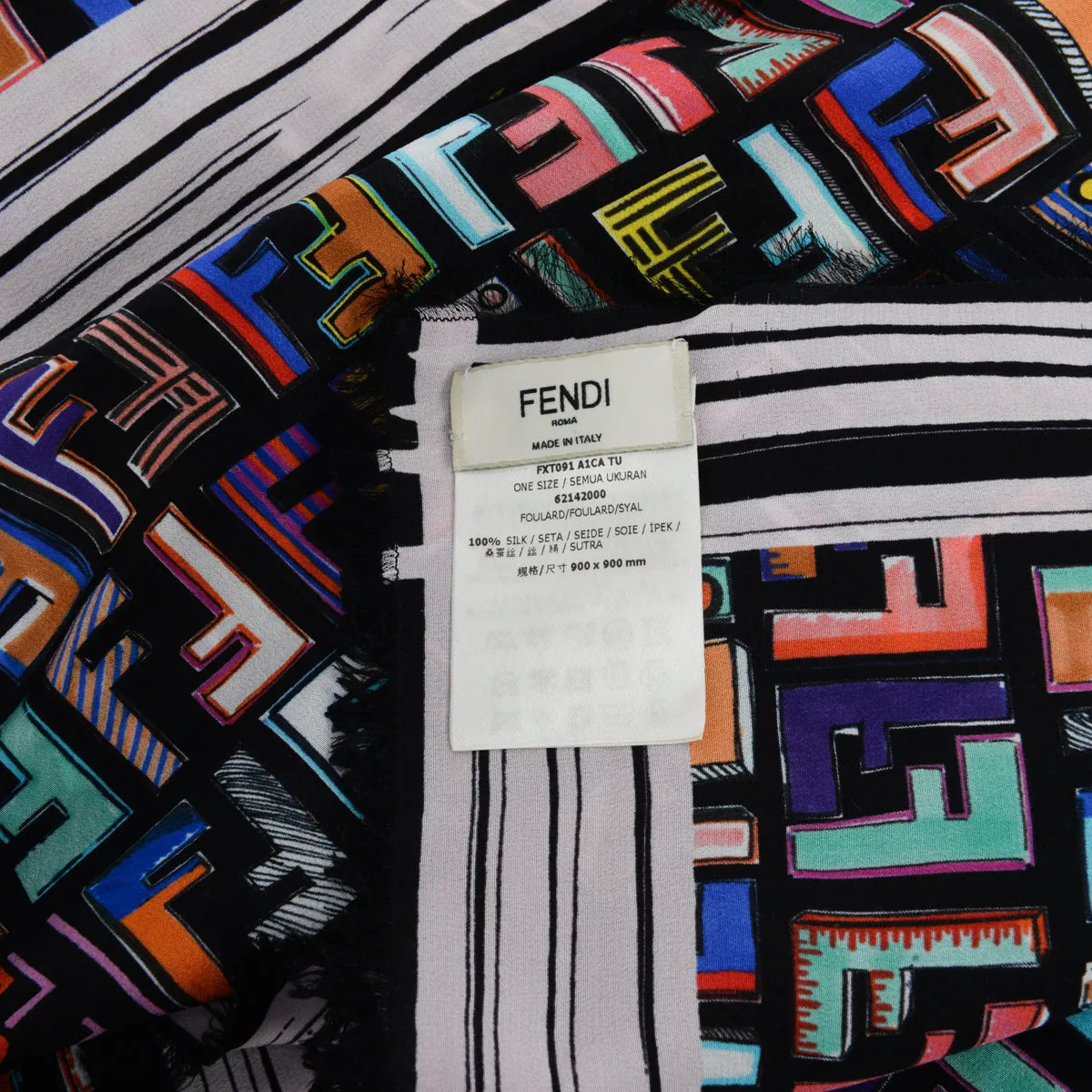 Fendi Black Silk Multicolour FF Fringed Scarf 90