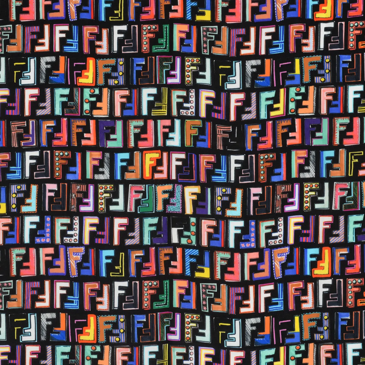 Fendi Black Silk Multicolour FF Fringed Scarf 90