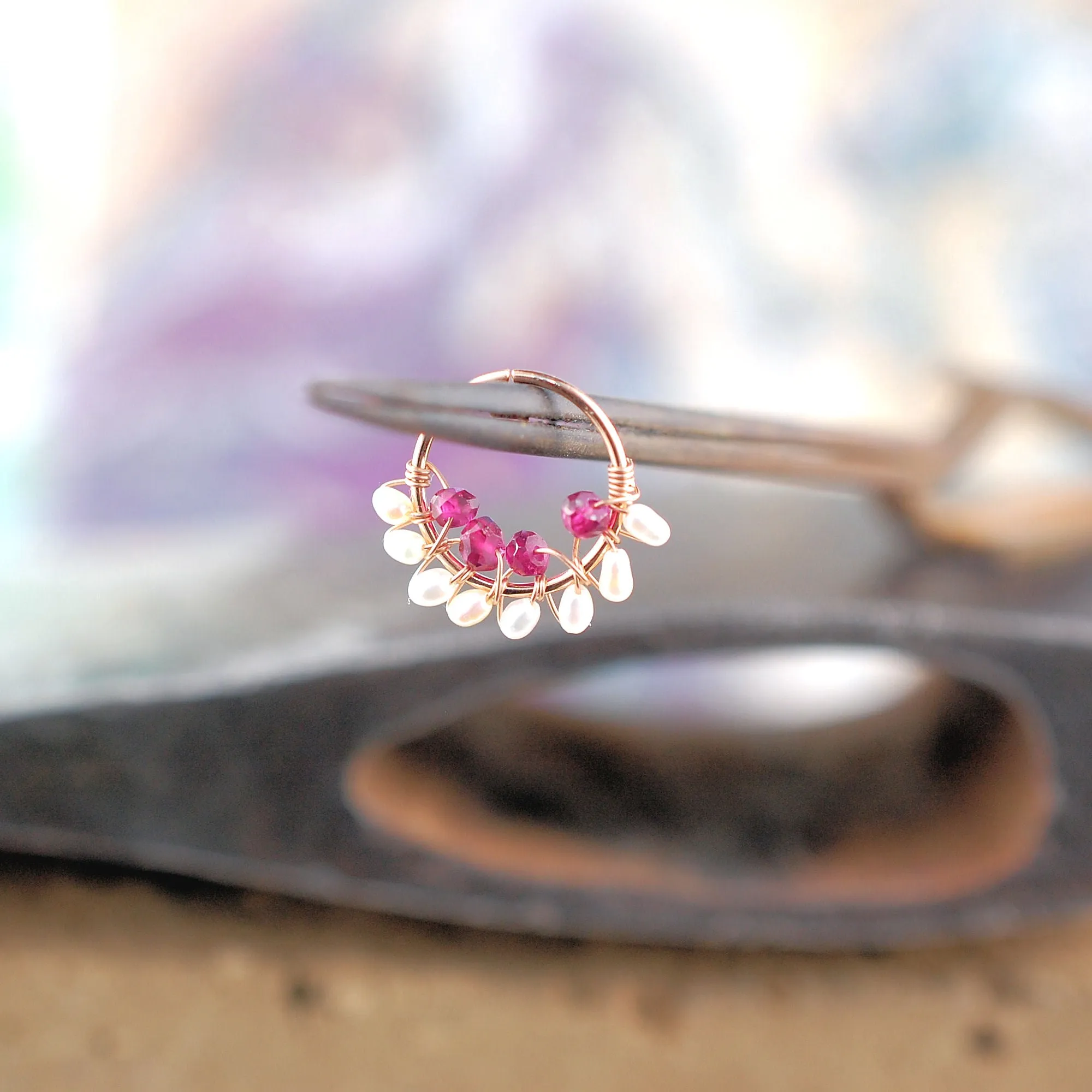 Garnet and Pearl Rose Gold Nose Ring