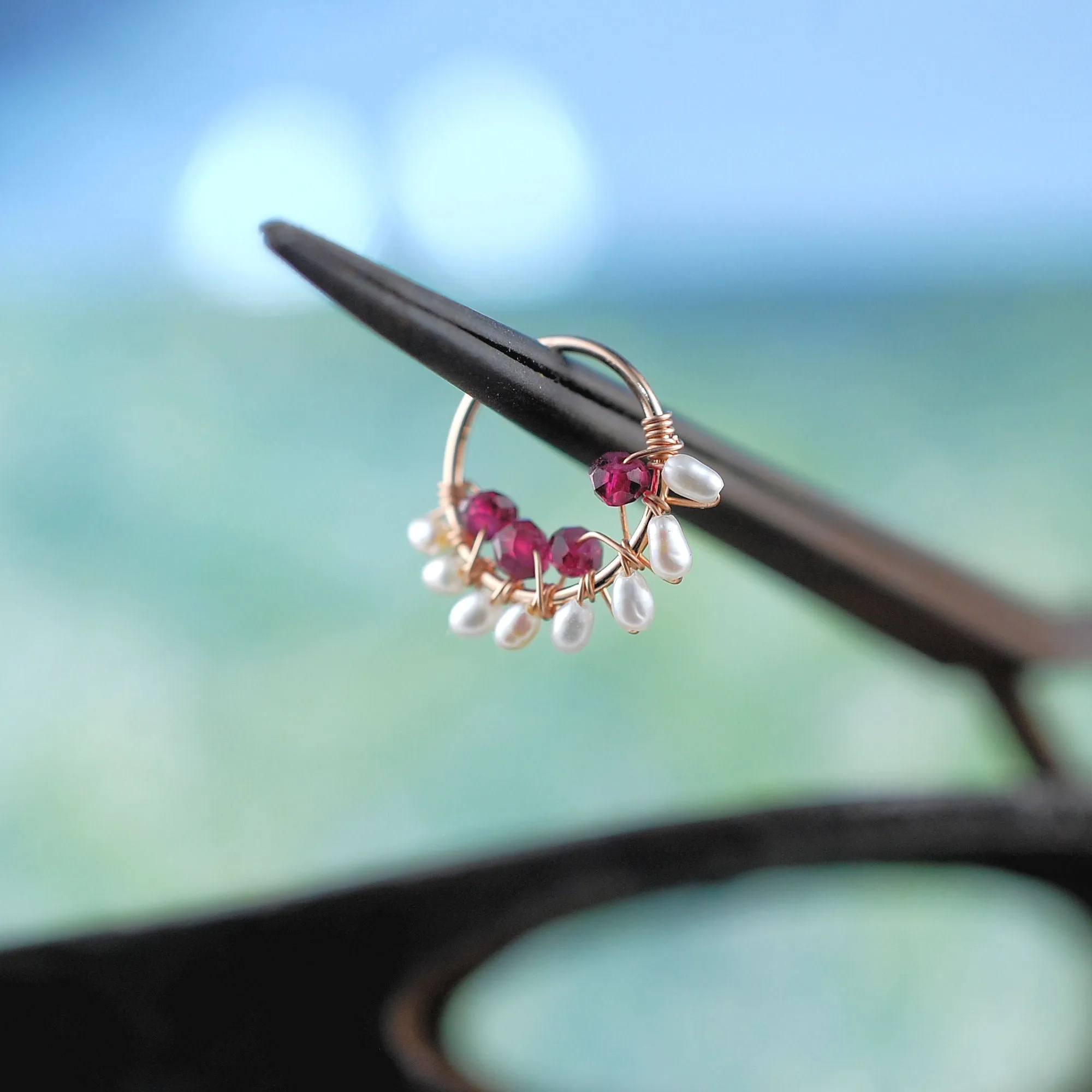 Garnet and Pearl Rose Gold Nose Ring