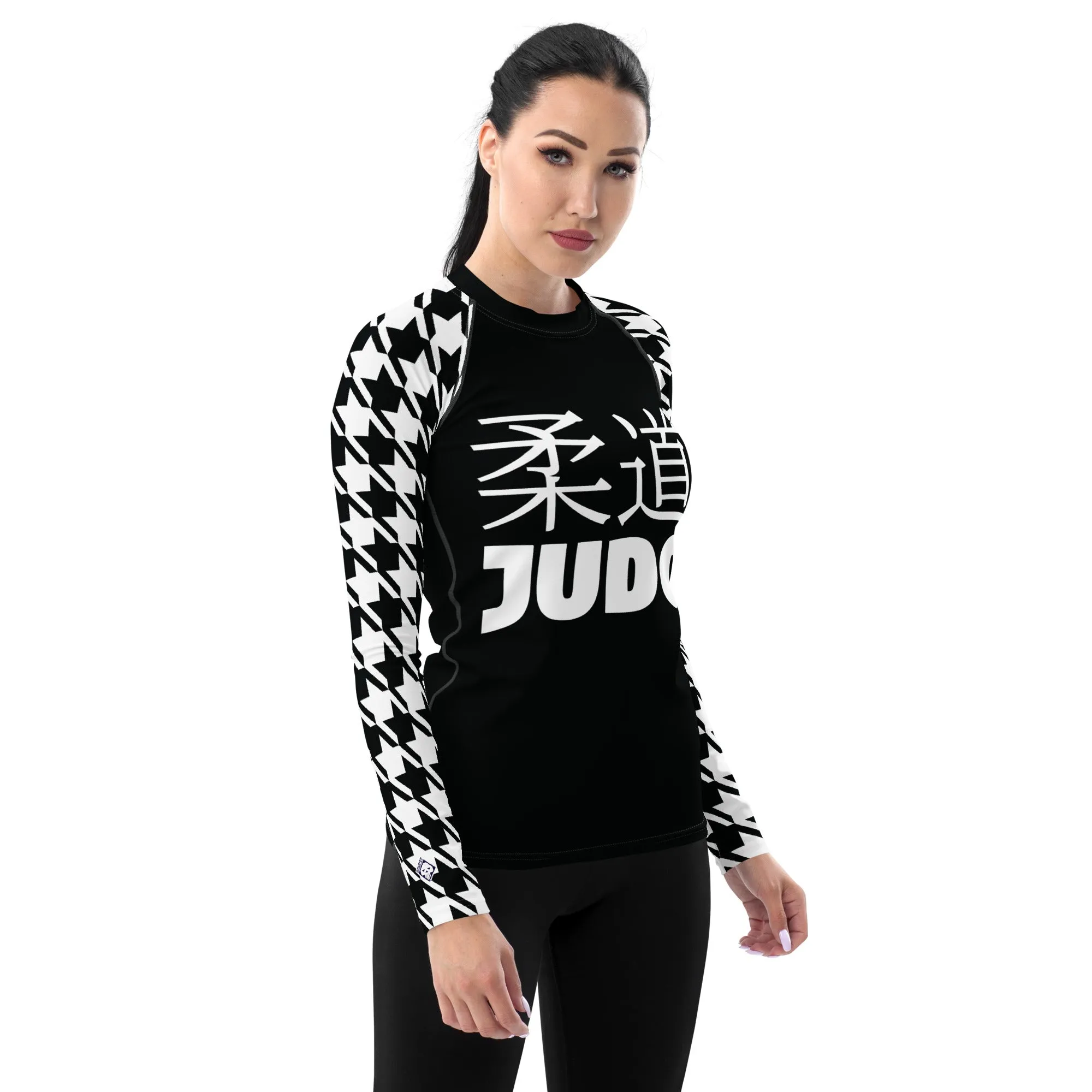 Graceful Strength: Women's Classic Judo Houndstooth BJJ Rash Guard Noir