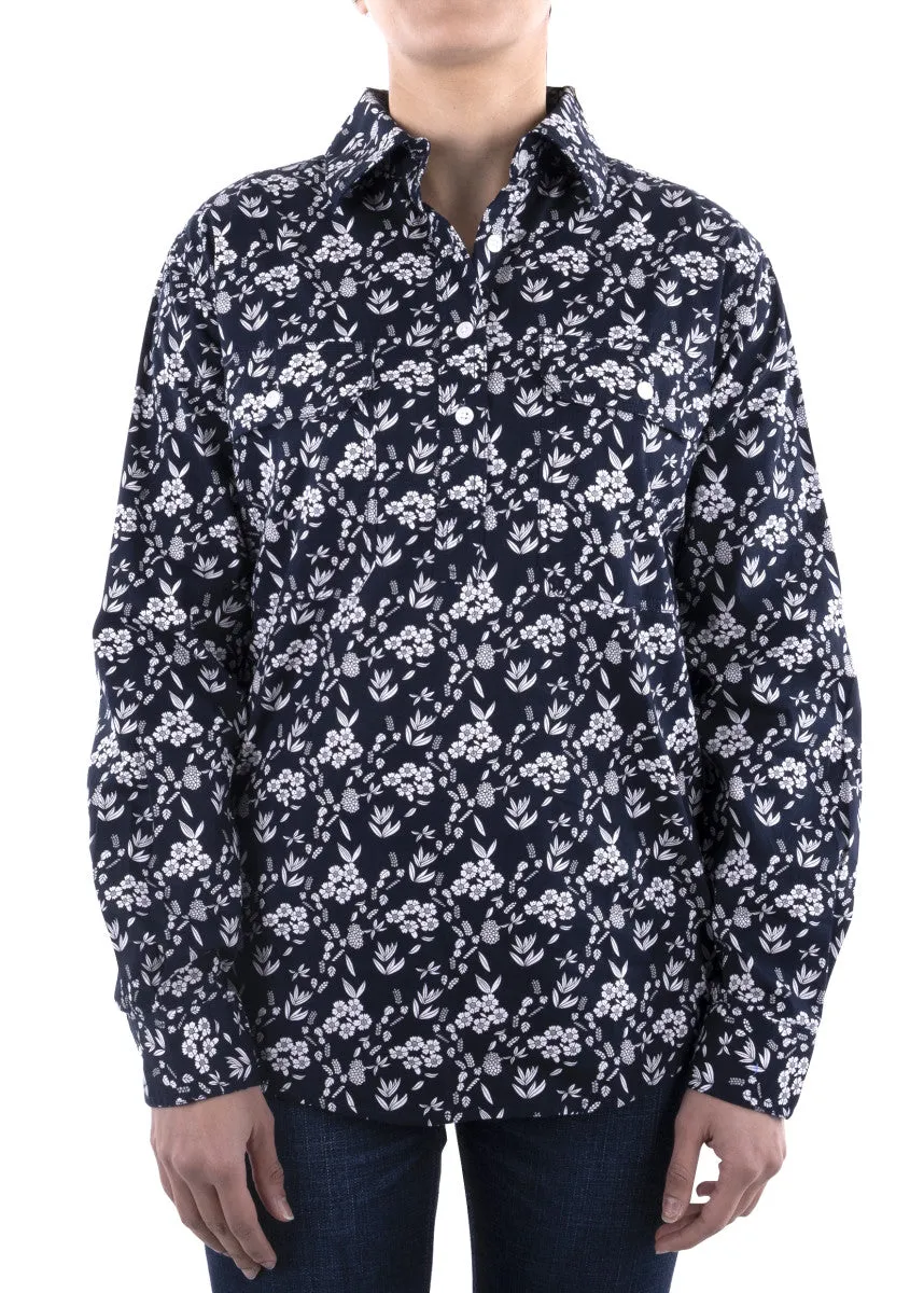 Hard Slog Womens Cassidy Half Placket Long Sleeve Shirt - Navy Floral