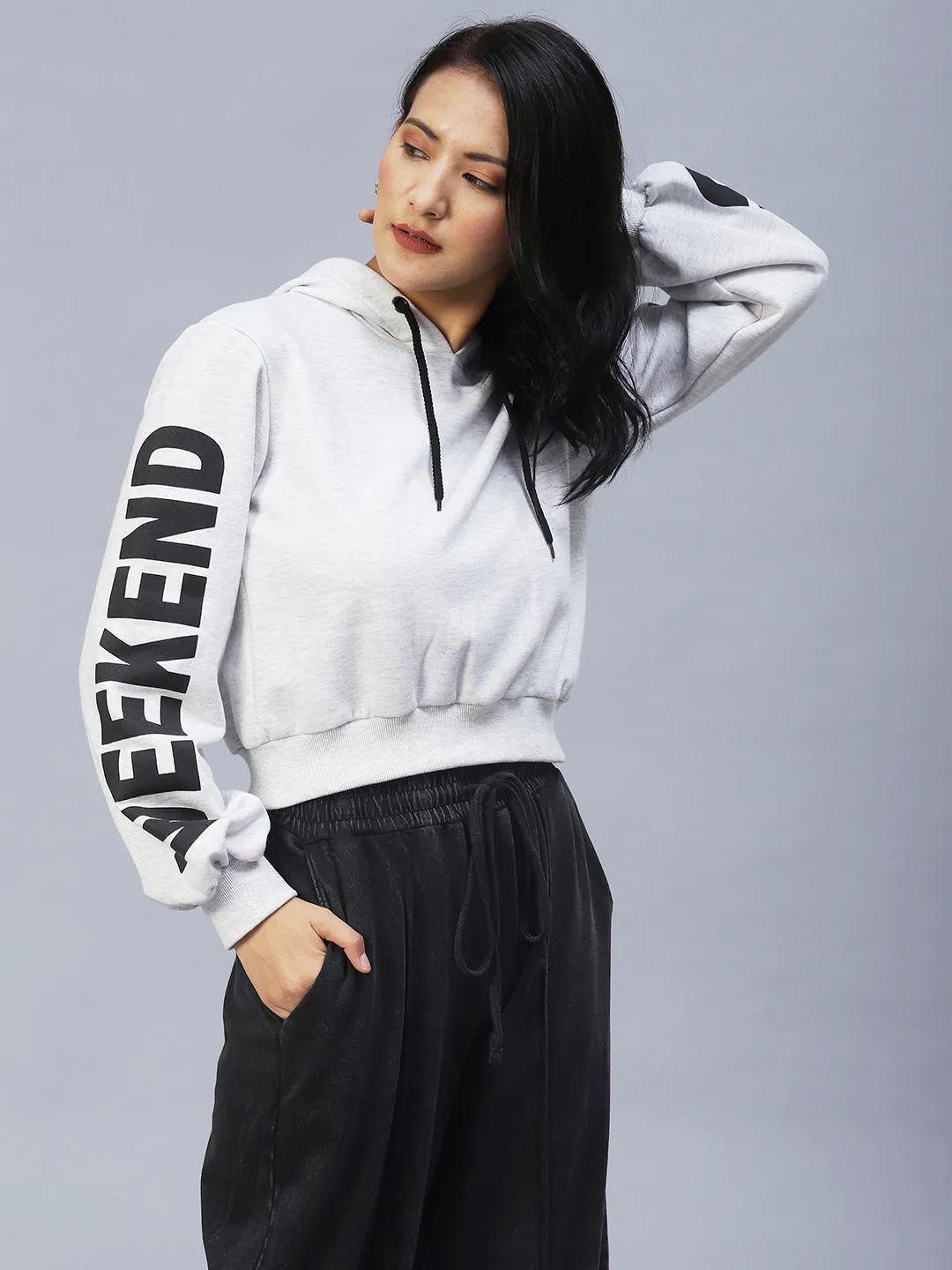 Hooded Printed Sleeves Fleece Sweatshirt