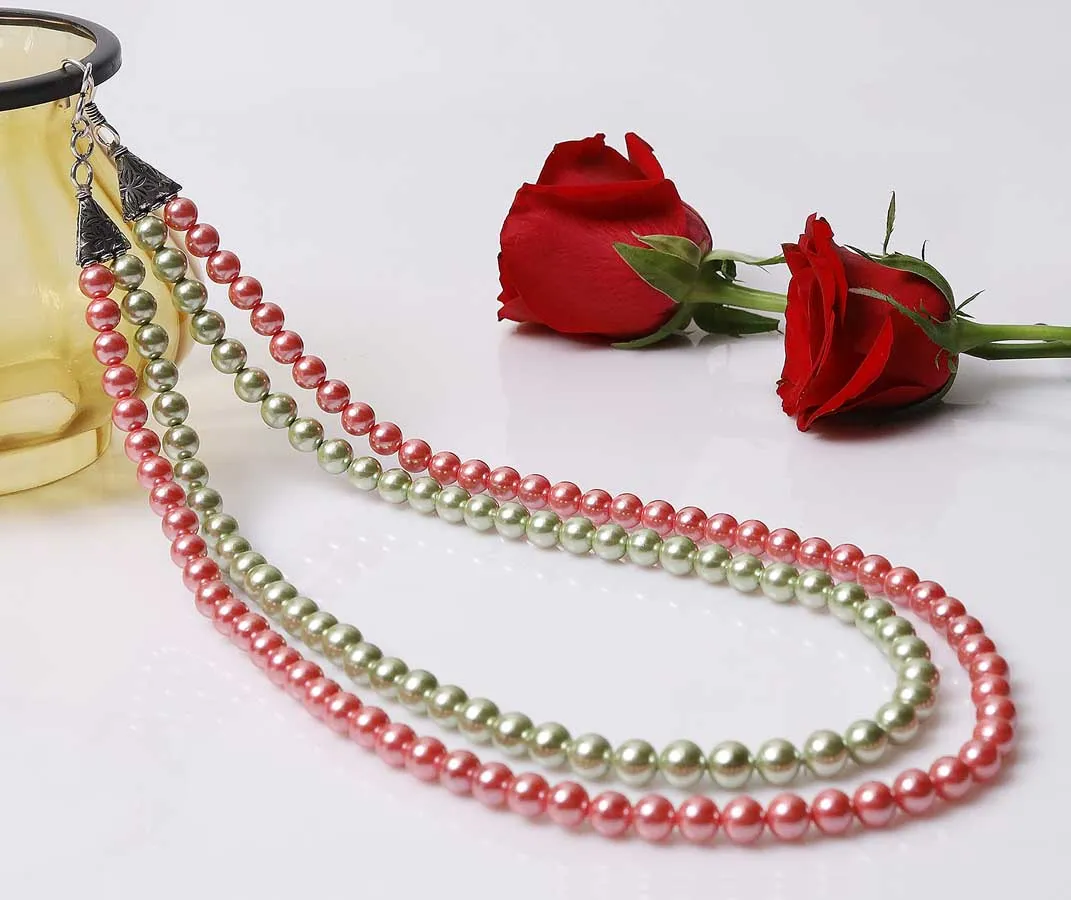 Imeora Green Reddish Pink 8mm Double Line Shell Pearl Necklace With 10mm Green Shell Pearl Studs