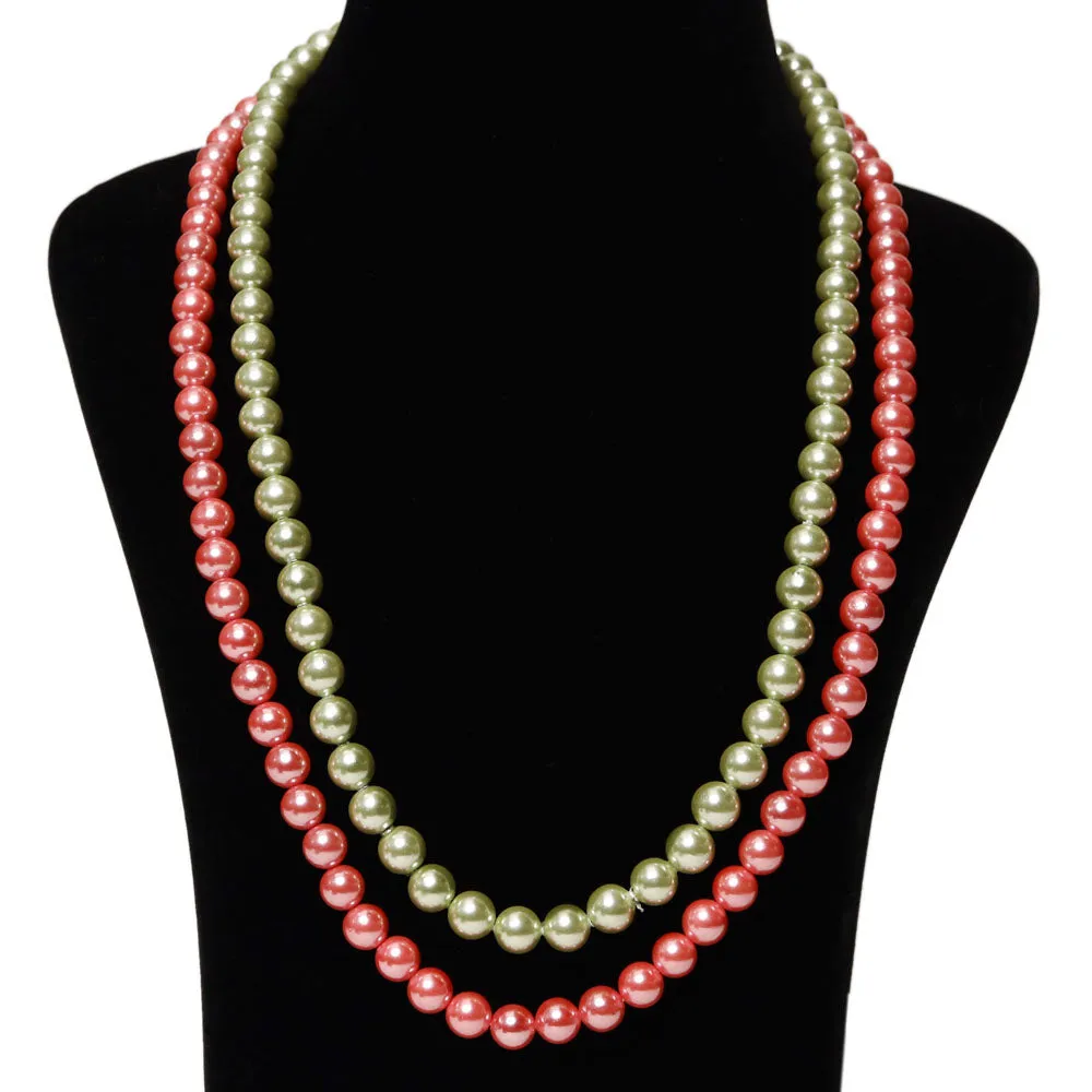 Imeora Green Reddish Pink 8mm Double Line Shell Pearl Necklace With 10mm Green Shell Pearl Studs