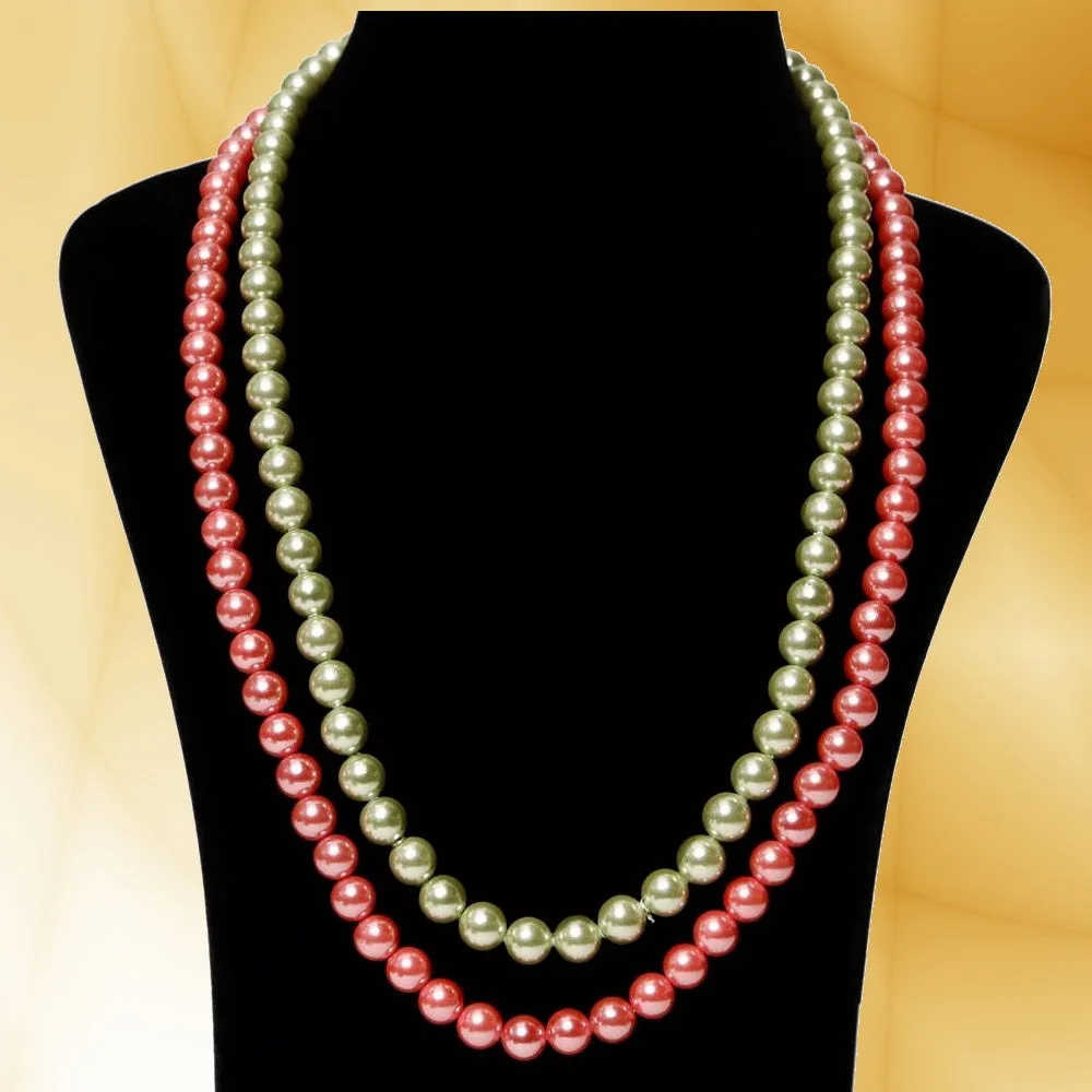 Imeora Green Reddish Pink 8mm Double Line Shell Pearl Necklace With 10mm Green Shell Pearl Studs