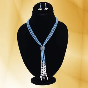 Imeora Light Blue 4mm Beads Long Necklace Set With Adjustable Fancy Lock And Fresh Water Pearls