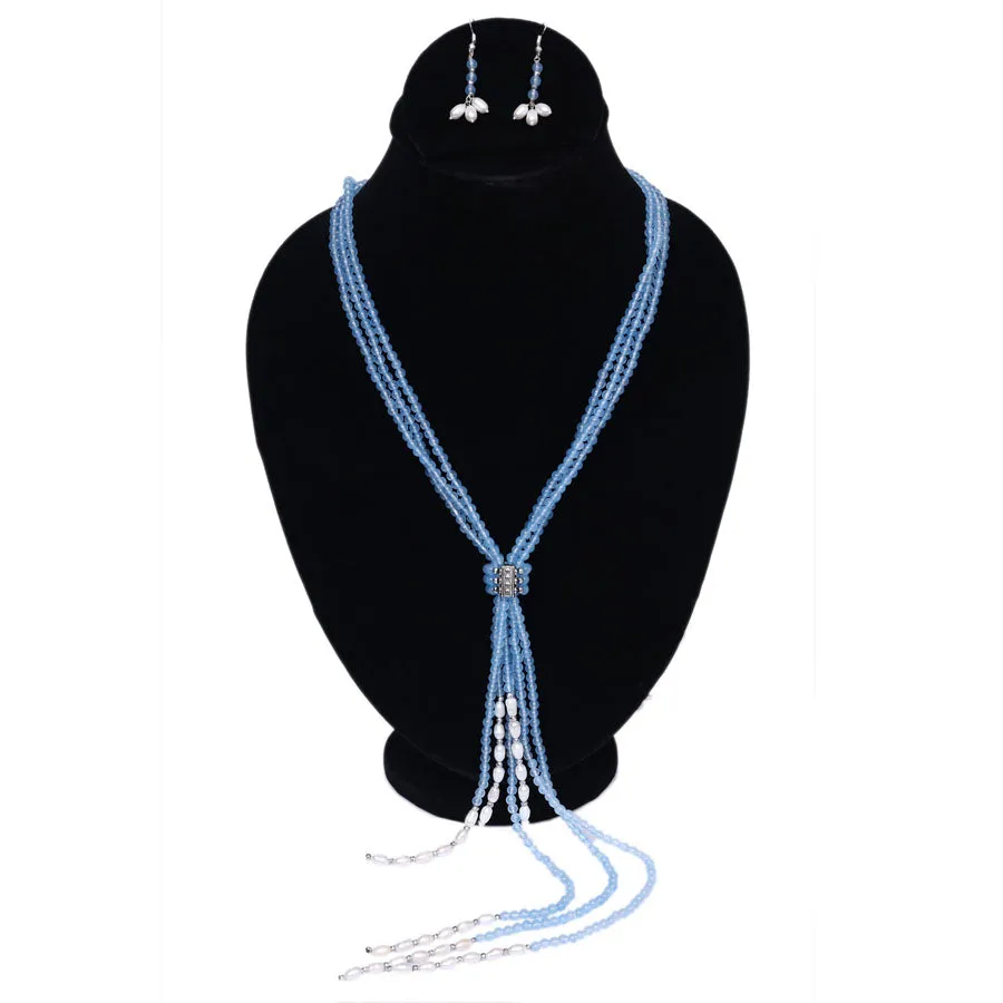 Imeora Light Blue 4mm Beads Long Necklace Set With Adjustable Fancy Lock And Fresh Water Pearls