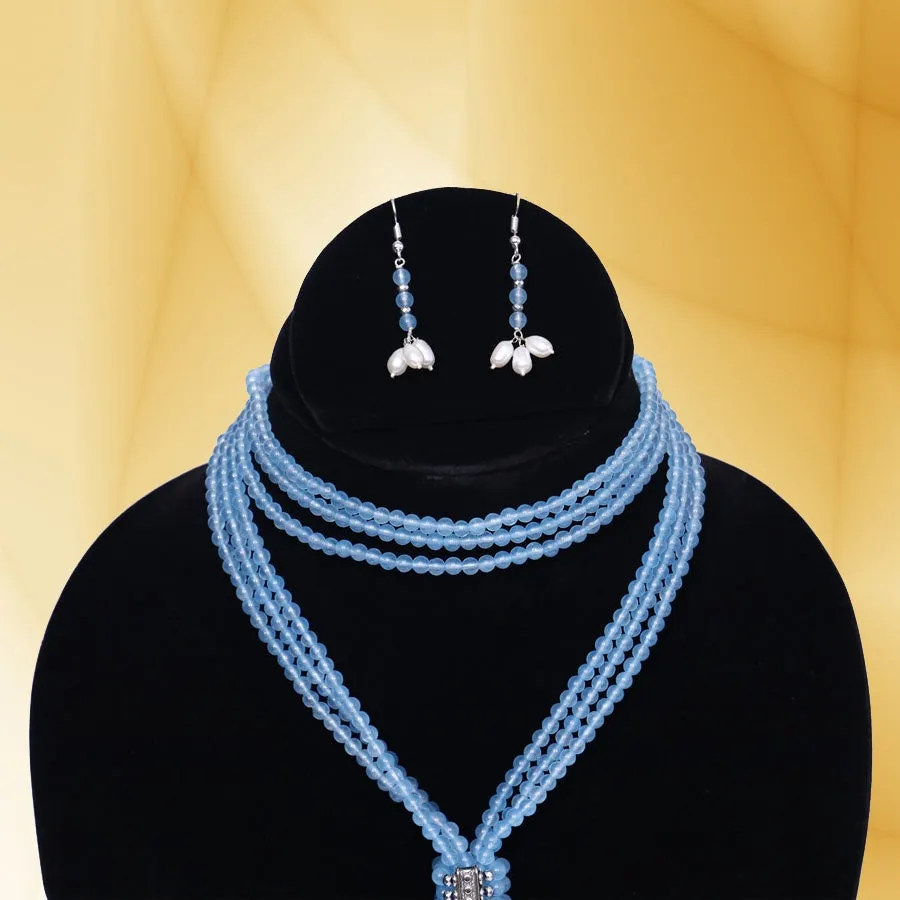 Imeora Light Blue 4mm Beads Long Necklace Set With Adjustable Fancy Lock And Fresh Water Pearls