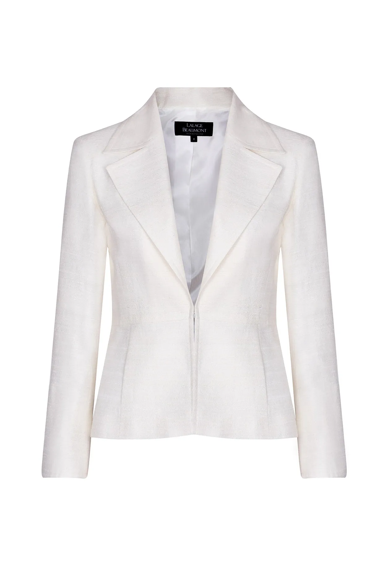 Ivory Raw Silk Tussar Fitted Jacket with Wide Collar and Waist Fastening - Joanna