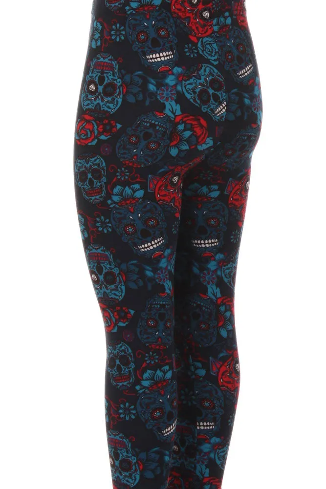 Kid's Navy Sugar Skulls Pattern Printed Leggings