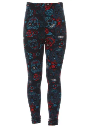 Kid's Navy Sugar Skulls Pattern Printed Leggings