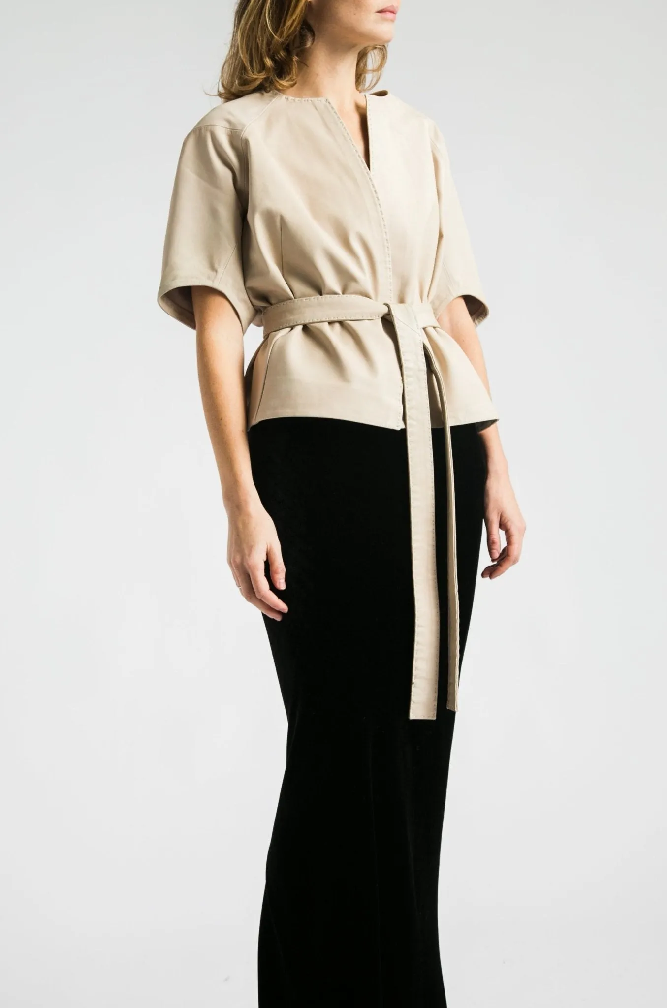 KIMI CROPPED KIMONO TIE JACKET IN ITALIAN LEATHER