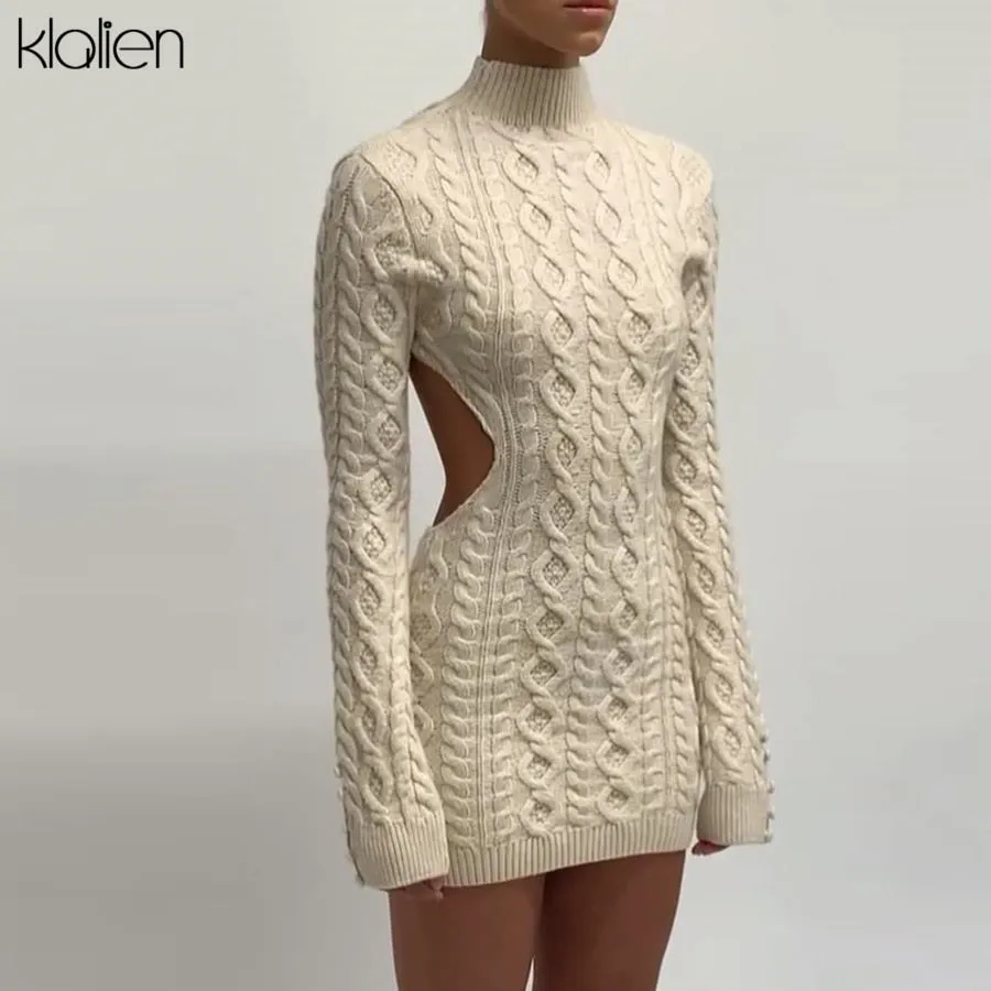 KLALIEN Simple Solid Long Sleeve Turtleneck Sweater Dress Autumn New Women Warm Streetwear Slim Stretch Mini Bodycon Dresses