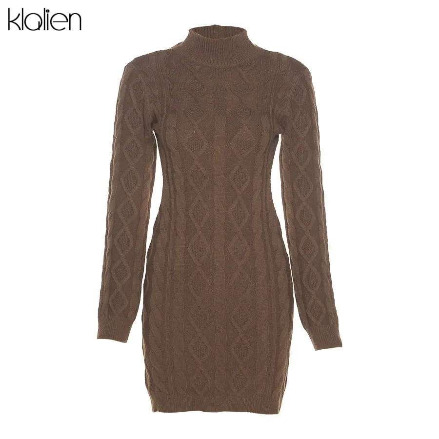 KLALIEN Simple Solid Long Sleeve Turtleneck Sweater Dress Autumn New Women Warm Streetwear Slim Stretch Mini Bodycon Dresses