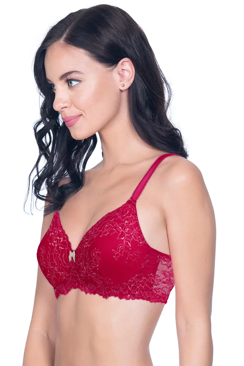 Lace Delight Padded Non-wired Lace Bra - Red Obsession