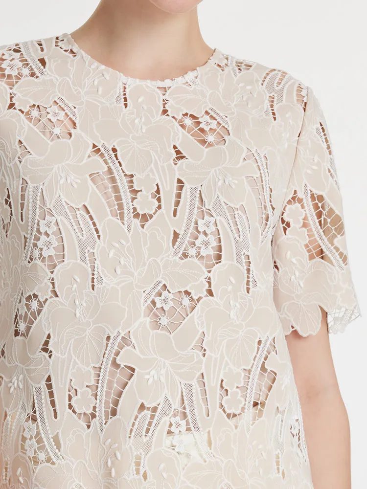 Lace Floral-Shaped Openwork Women Blouse With Bottomed Camisole