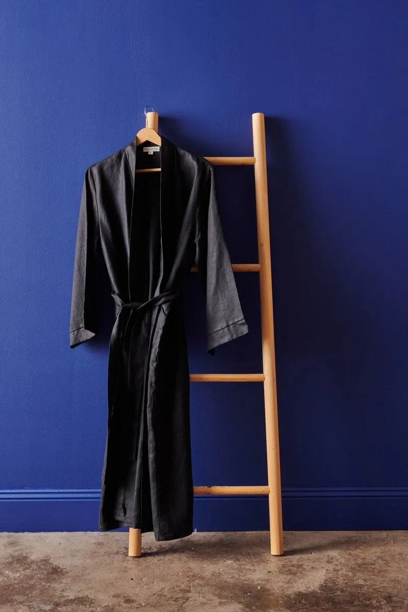 Linen Bathrobe - Black  (Long)