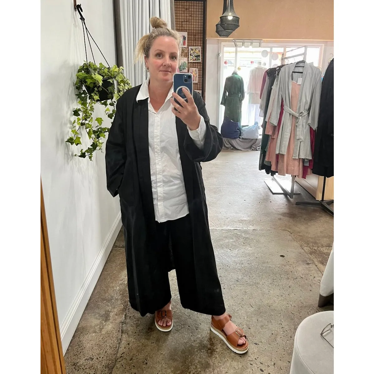 Linen Bathrobe - Black  (Long)