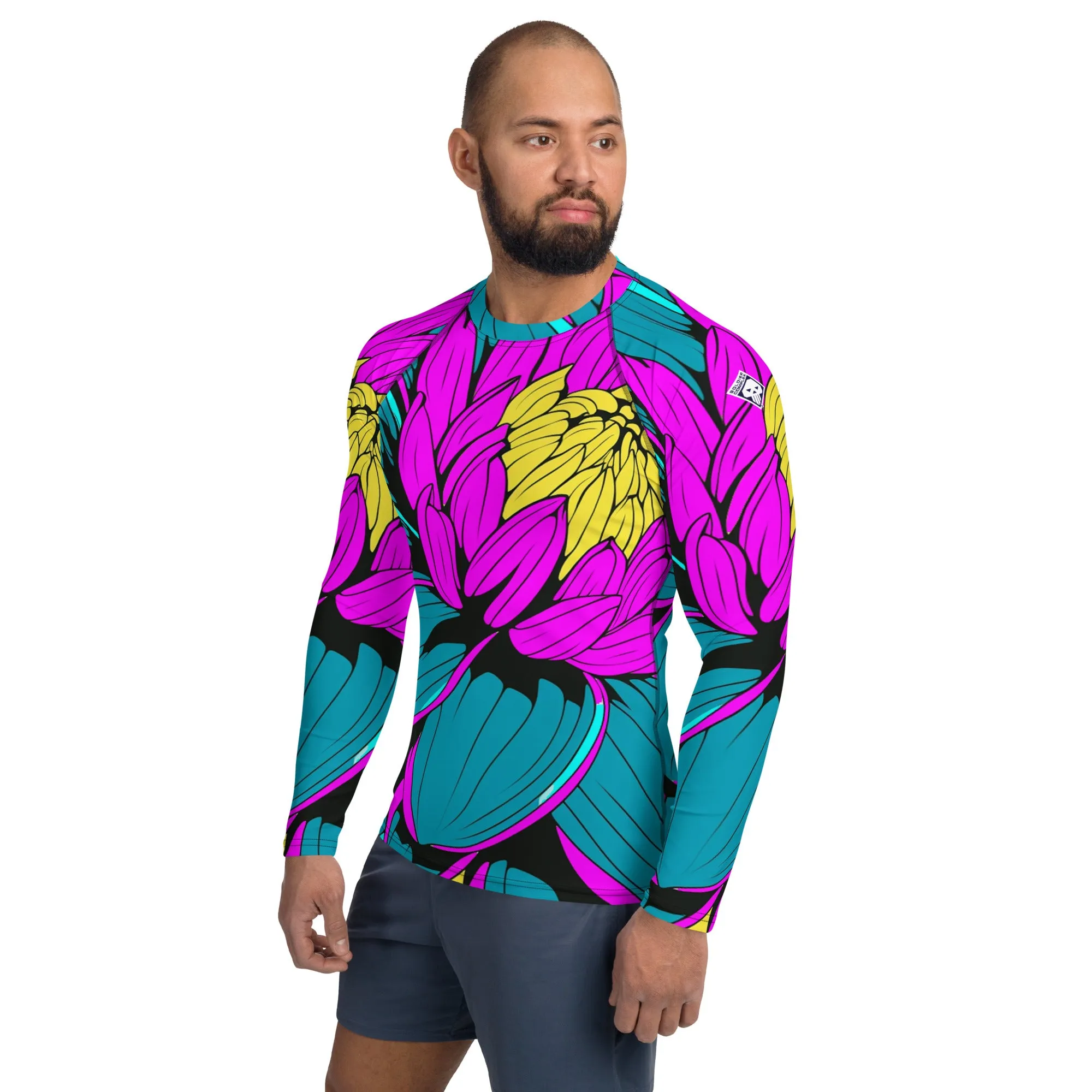 Men's Pop Art BJJ Long Sleeve Rash Guards - Roy Lichtenstein Inspired Dahlia Print 001