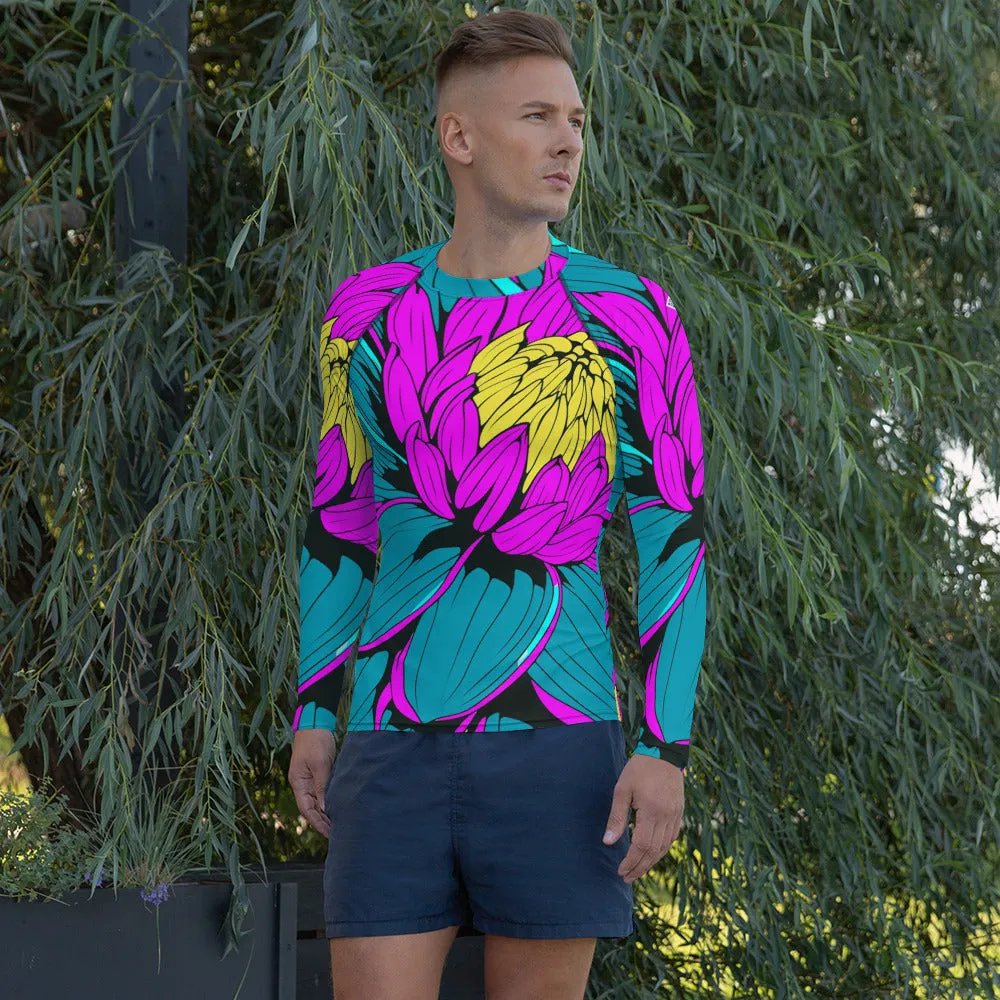 Men's Pop Art BJJ Long Sleeve Rash Guards - Roy Lichtenstein Inspired Dahlia Print 001