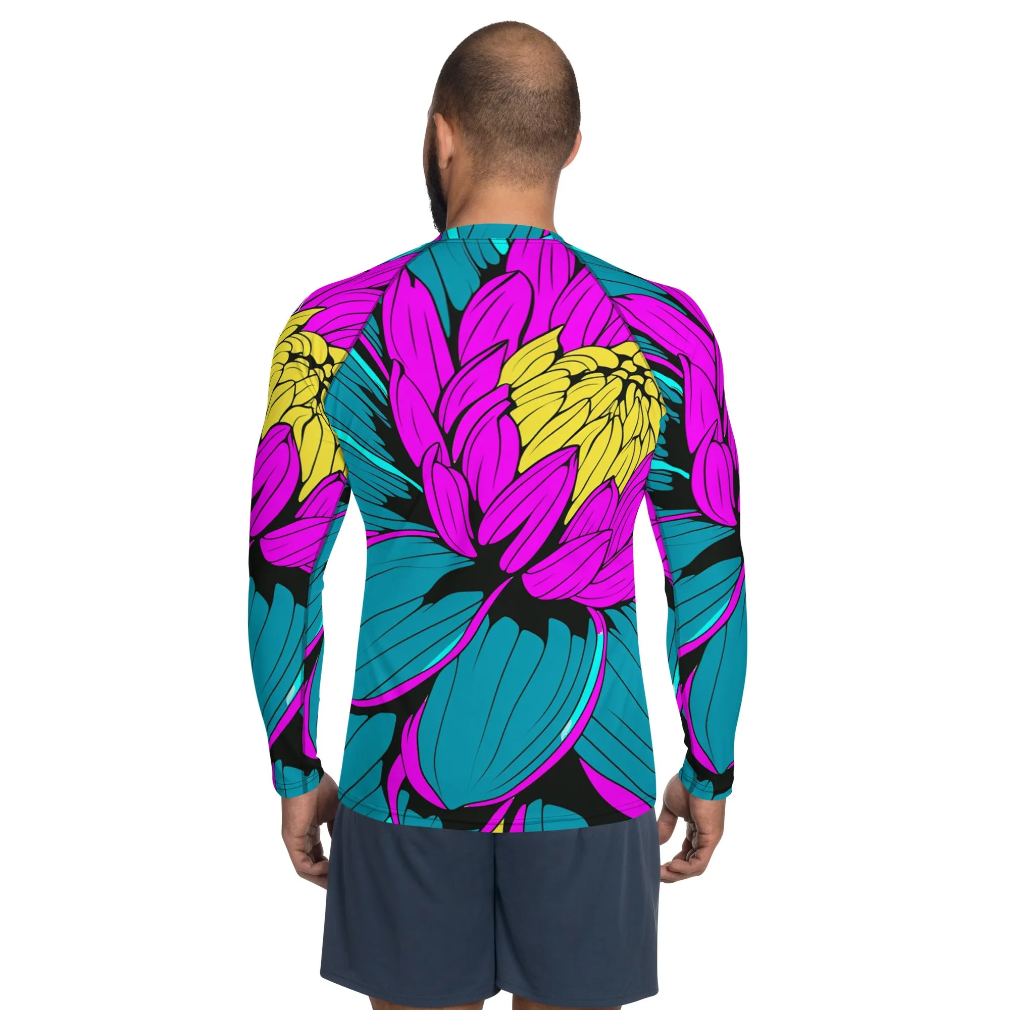 Men's Pop Art BJJ Long Sleeve Rash Guards - Roy Lichtenstein Inspired Dahlia Print 001