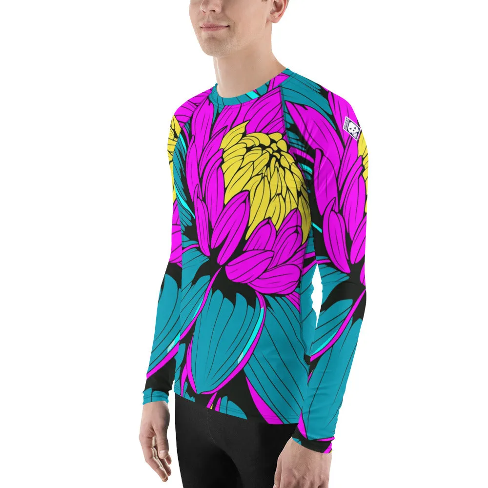 Men's Pop Art BJJ Long Sleeve Rash Guards - Roy Lichtenstein Inspired Dahlia Print 001