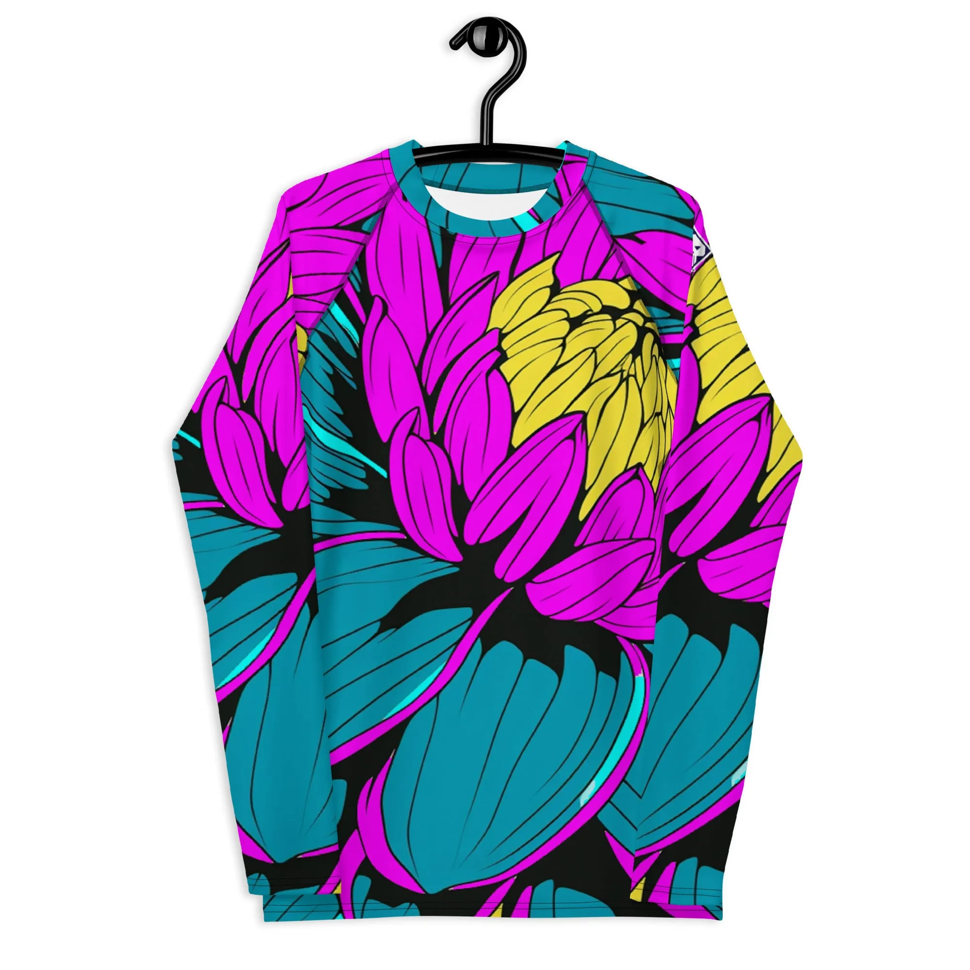 Men's Pop Art BJJ Long Sleeve Rash Guards - Roy Lichtenstein Inspired Dahlia Print 001