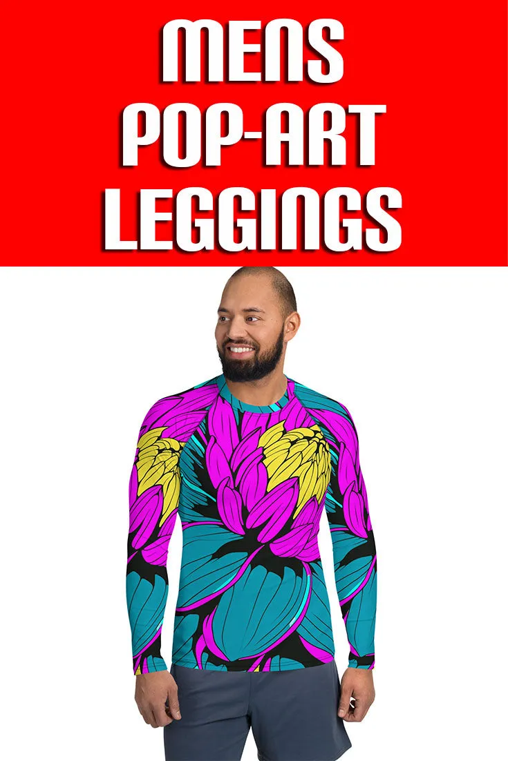 Men's Pop Art BJJ Long Sleeve Rash Guards - Roy Lichtenstein Inspired Dahlia Print 001