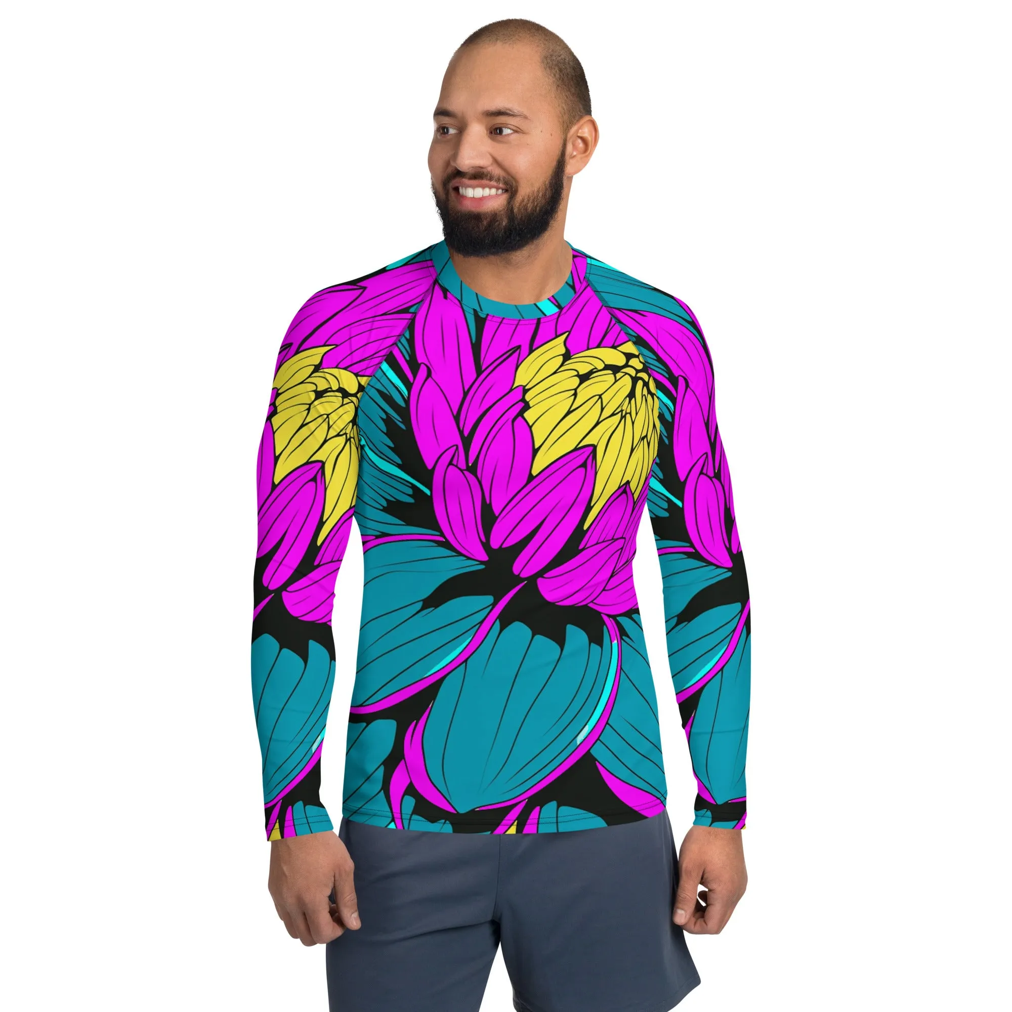 Men's Pop Art BJJ Long Sleeve Rash Guards - Roy Lichtenstein Inspired Dahlia Print 001