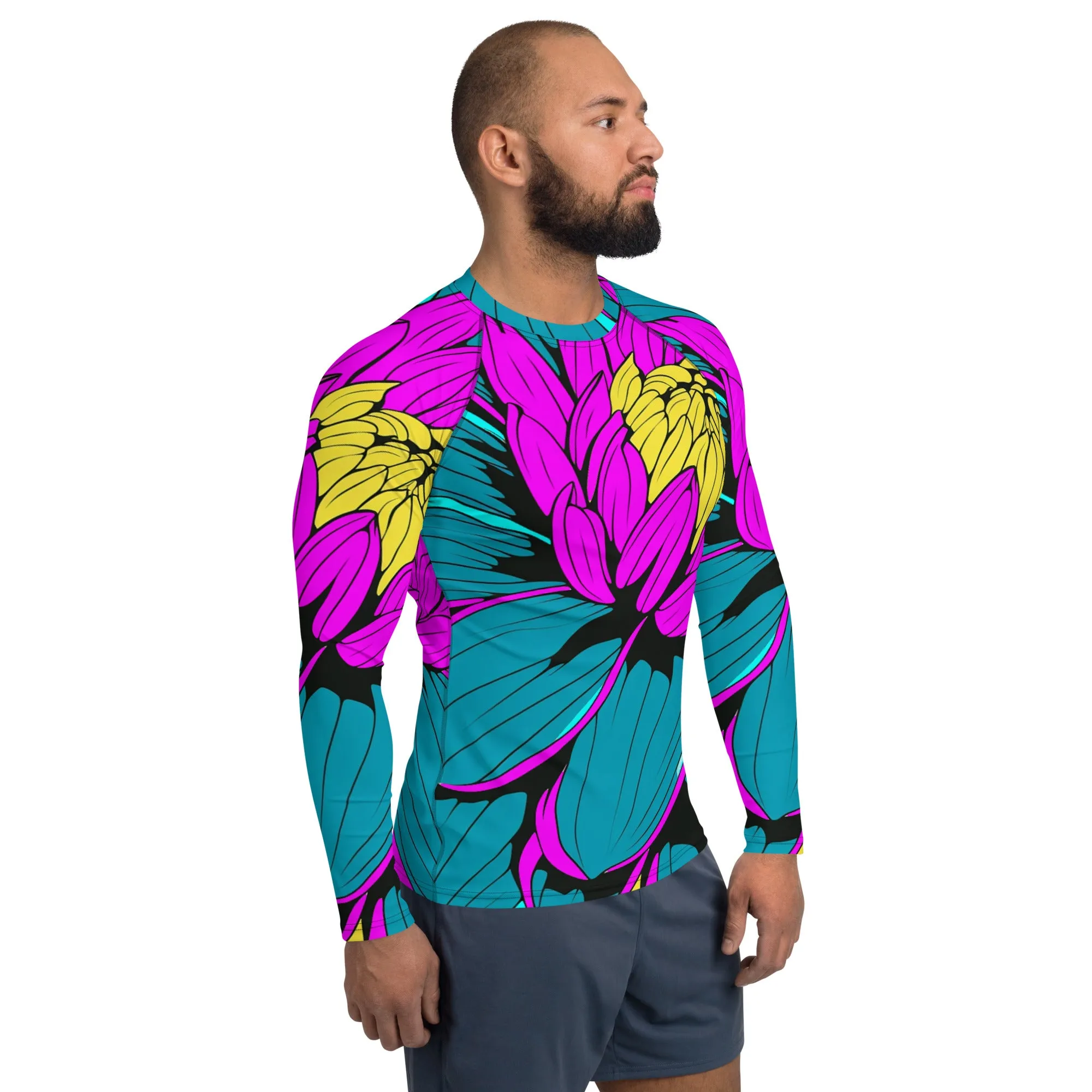 Men's Pop Art BJJ Long Sleeve Rash Guards - Roy Lichtenstein Inspired Dahlia Print 001