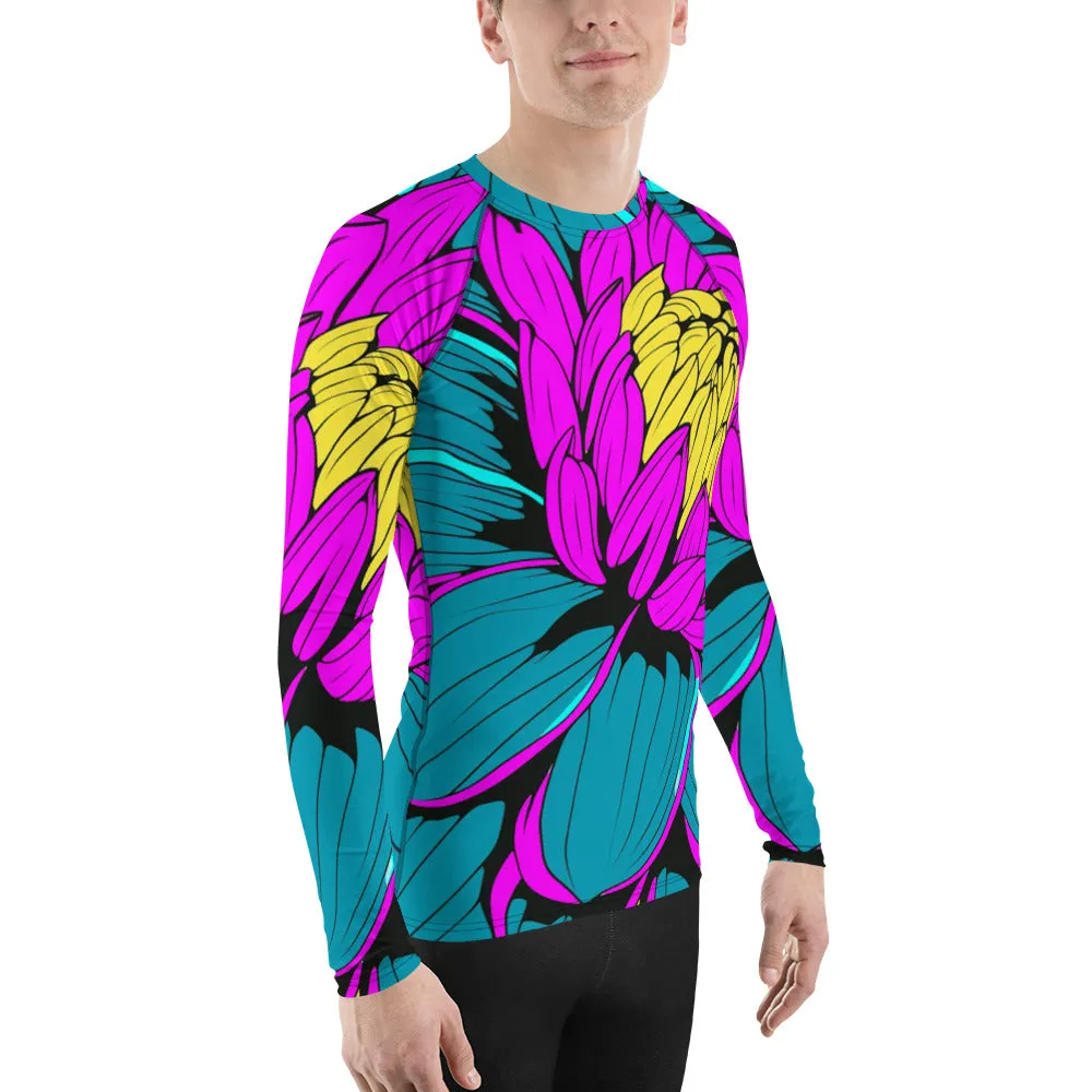 Men's Pop Art BJJ Long Sleeve Rash Guards - Roy Lichtenstein Inspired Dahlia Print 001