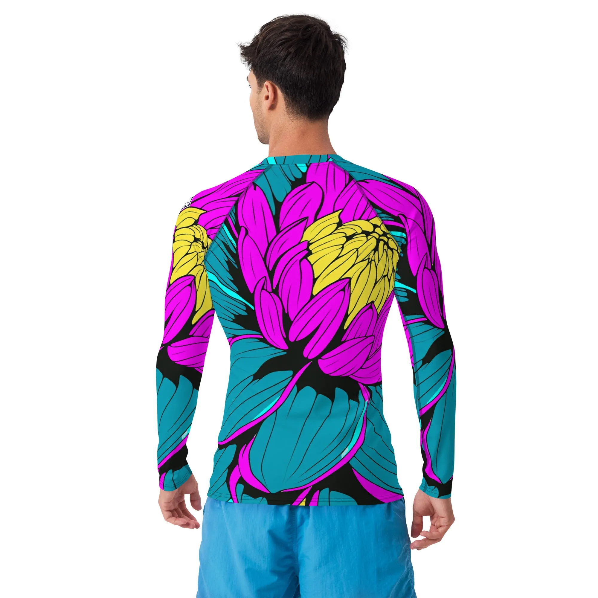 Men's Pop Art BJJ Long Sleeve Rash Guards - Roy Lichtenstein Inspired Dahlia Print 001