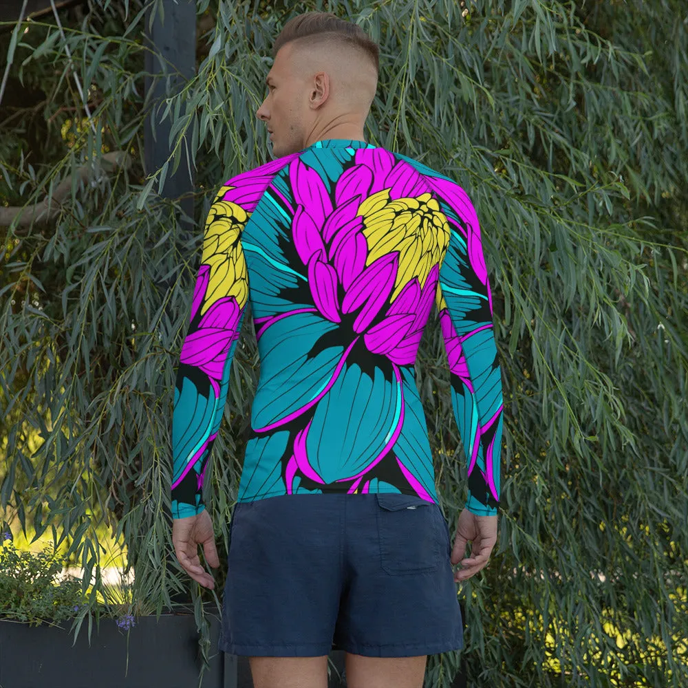 Men's Pop Art BJJ Long Sleeve Rash Guards - Roy Lichtenstein Inspired Dahlia Print 001