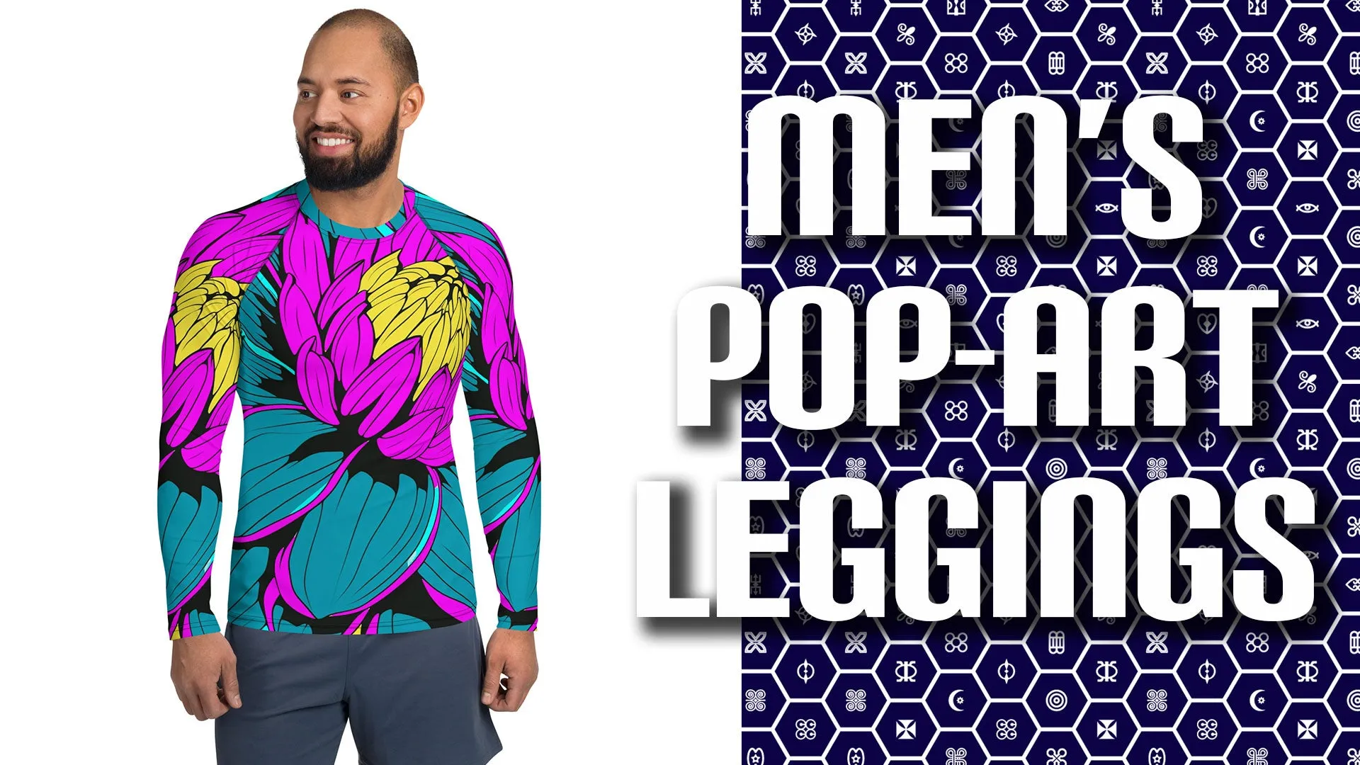 Men's Pop Art BJJ Long Sleeve Rash Guards - Roy Lichtenstein Inspired Dahlia Print 001