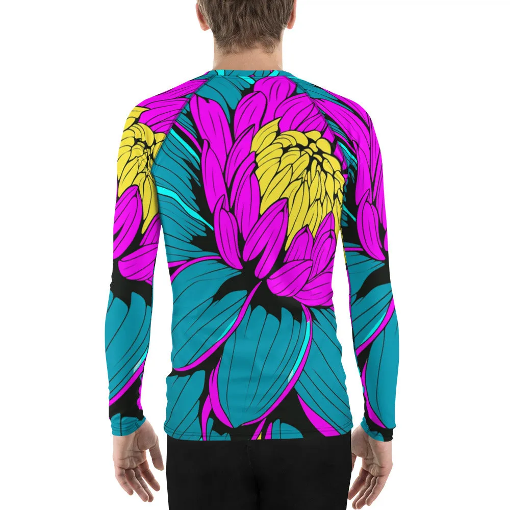 Men's Pop Art BJJ Long Sleeve Rash Guards - Roy Lichtenstein Inspired Dahlia Print 001